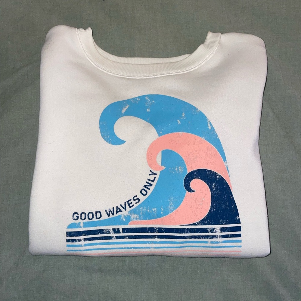 Flirtitude White Sweater with Blue and Pink Wave Design